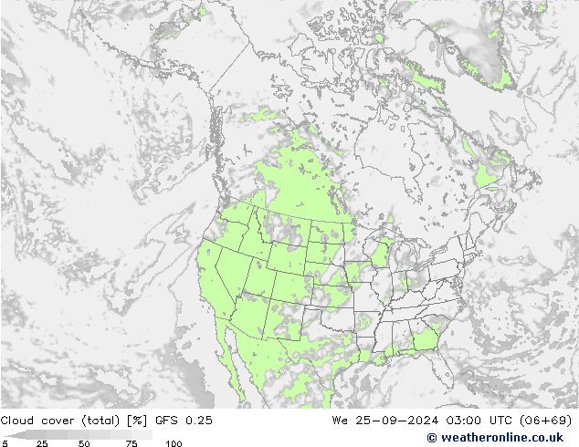 Cloud cover (total) GFS 0.25 We 25.09.2024 03 UTC