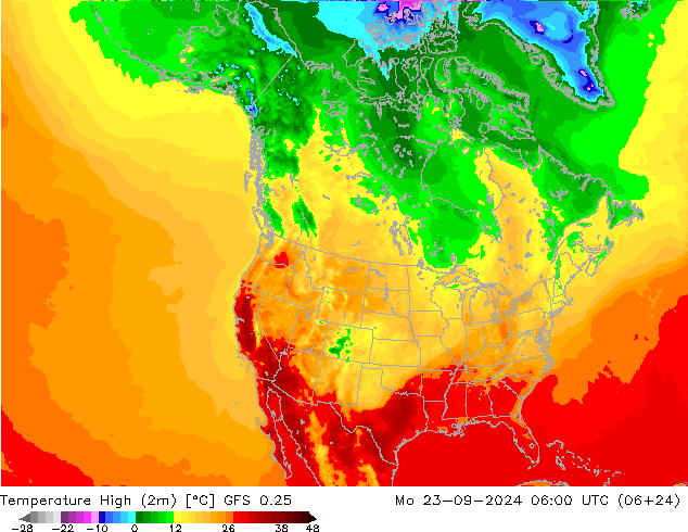 Nejvyšší teplota (2m) GFS 0.25 Po 23.09.2024 06 UTC