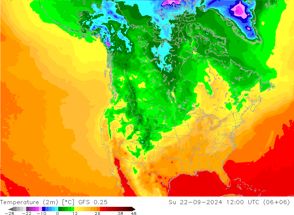 Temperaturkarte (2m) GFS 0.25 So 22.09.2024 12 UTC