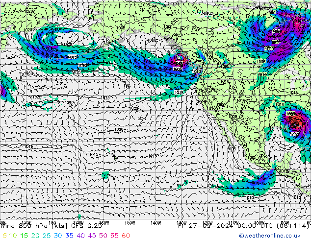 Wind 850 hPa GFS 0.25 vr 27.09.2024 00 UTC