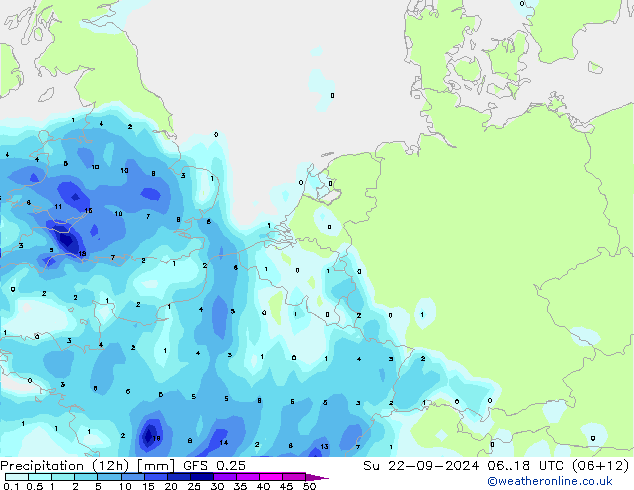 Precipitación (12h) GFS 0.25 dom 22.09.2024 18 UTC