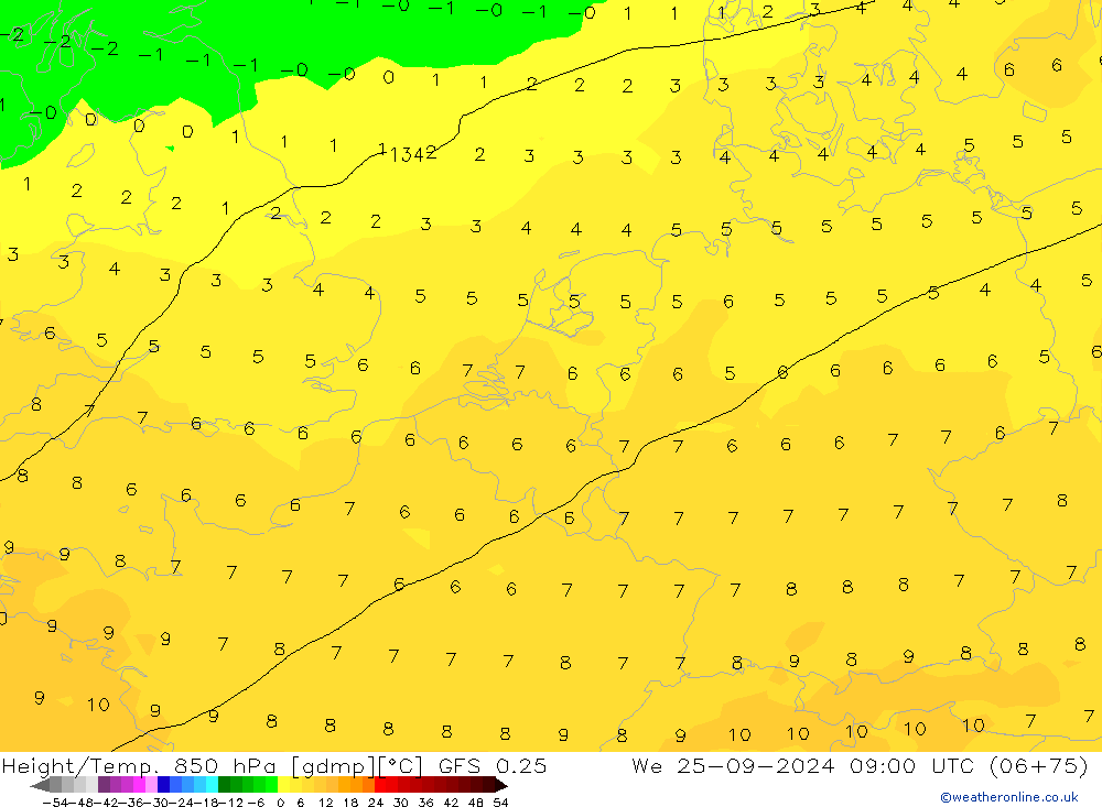 Z500/Rain (+SLP)/Z850 GFS 0.25 St 25.09.2024 09 UTC