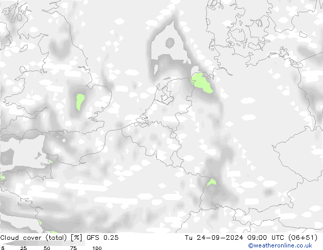 Nubes (total) GFS 0.25 mar 24.09.2024 09 UTC