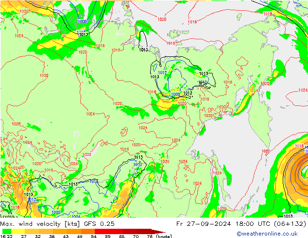 Max. wind velocity GFS 0.25 Fr 27.09.2024 18 UTC