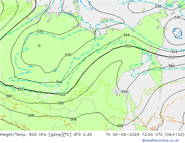 Z500/Rain (+SLP)/Z850 GFS 0.25 Do 26.09.2024 12 UTC