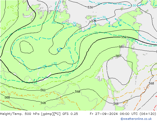 Height/Temp. 500 hPa GFS 0.25 ven 27.09.2024 06 UTC