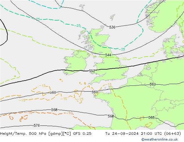 Z500/Rain (+SLP)/Z850 GFS 0.25 Tu 24.09.2024 21 UTC