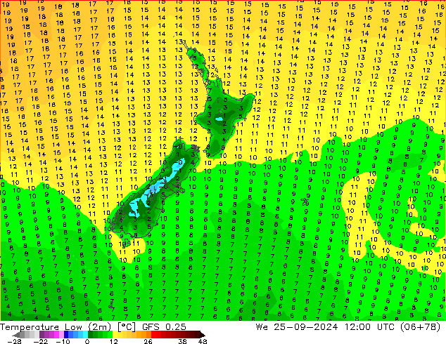 Minumum Değer (2m) GFS 0.25 Çar 25.09.2024 12 UTC