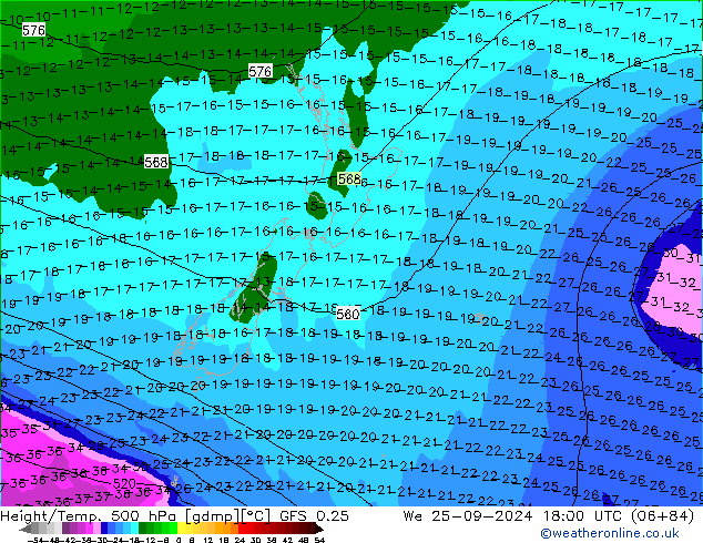 Z500/Rain (+SLP)/Z850 GFS 0.25 Mi 25.09.2024 18 UTC