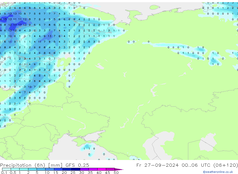 Precipitation (6h) GFS 0.25 Pá 27.09.2024 06 UTC