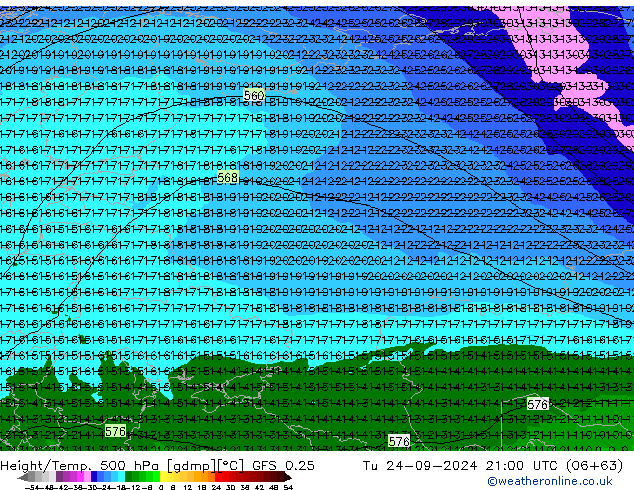 Z500/Rain (+SLP)/Z850 GFS 0.25 Út 24.09.2024 21 UTC