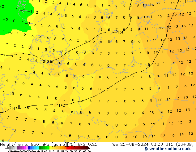 Z500/Rain (+SLP)/Z850 GFS 0.25 We 25.09.2024 03 UTC