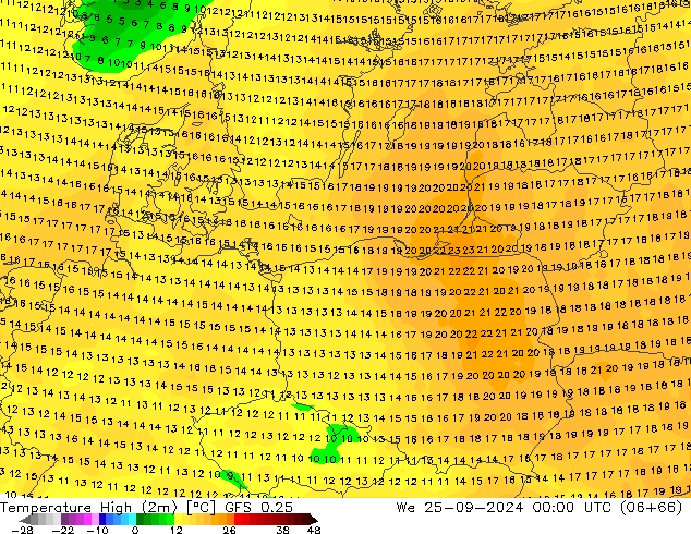 Temp. massima (2m) GFS 0.25 mer 25.09.2024 00 UTC