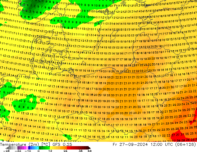 Temperaturkarte (2m) GFS 0.25 Fr 27.09.2024 12 UTC