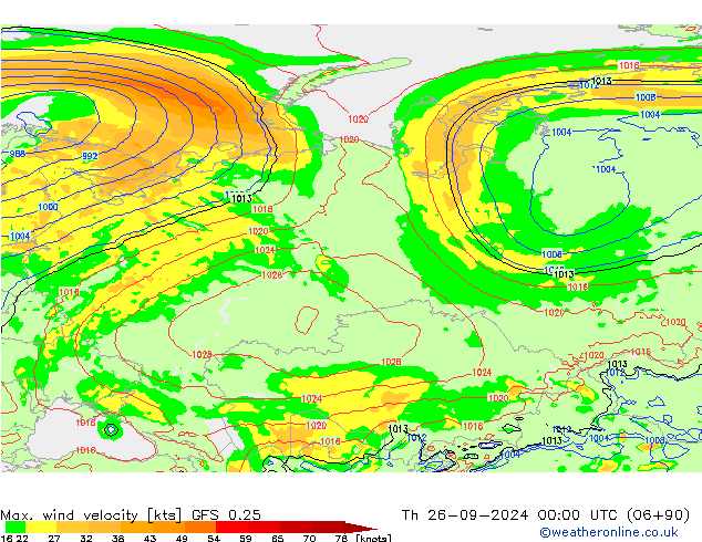 Max. wind velocity GFS 0.25 Qui 26.09.2024 00 UTC