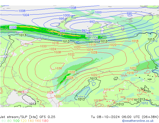 Straalstroom/SLP GFS 0.25 di 08.10.2024 06 UTC