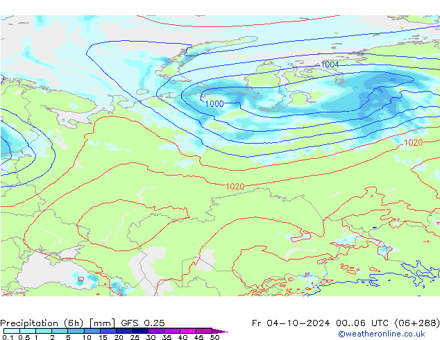 Z500/Rain (+SLP)/Z850 GFS 0.25 Fr 04.10.2024 06 UTC