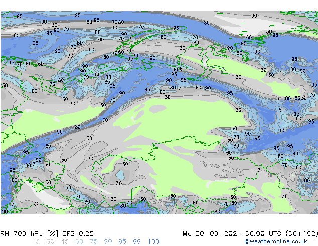 RH 700 hPa GFS 0.25 Mo 30.09.2024 06 UTC