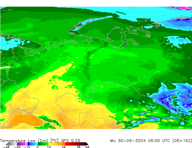 Nejnižší teplota (2m) GFS 0.25 Po 30.09.2024 06 UTC