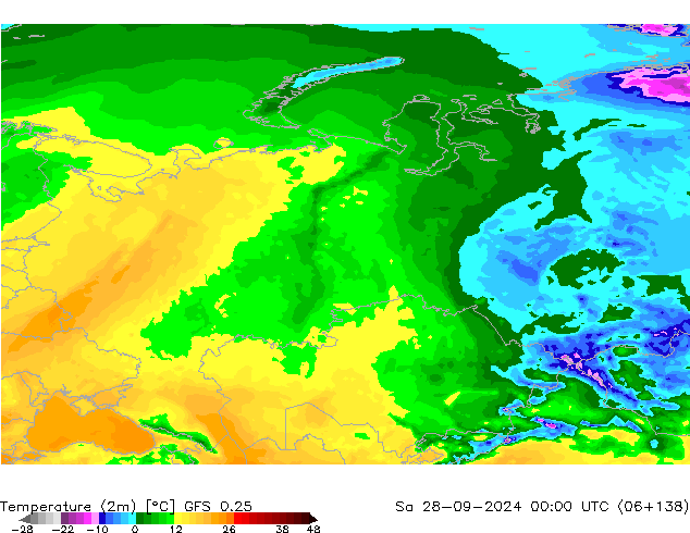 Temperature (2m) GFS 0.25 Sa 28.09.2024 00 UTC