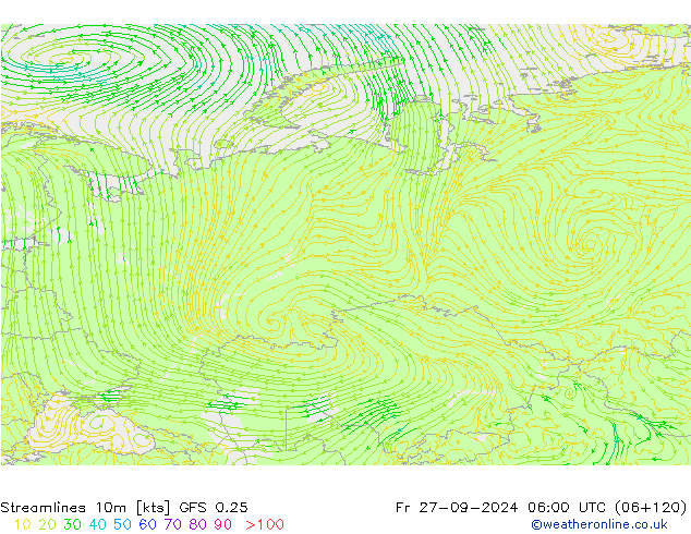 Linea di flusso 10m GFS 0.25 ven 27.09.2024 06 UTC