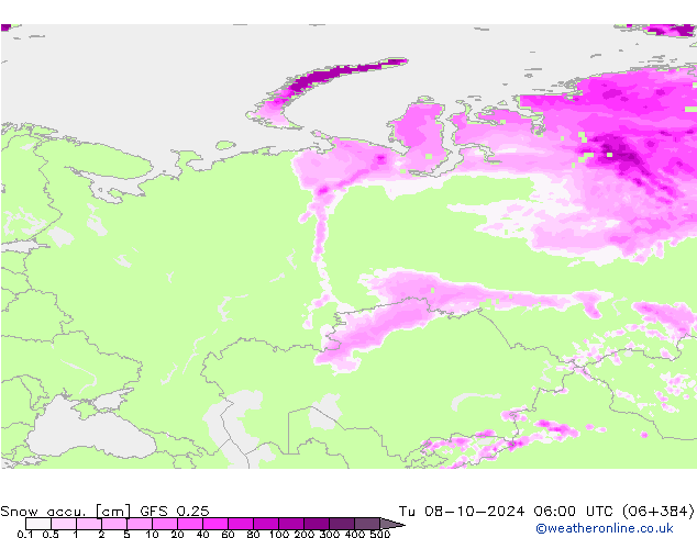 Snow accu. GFS 0.25 mar 08.10.2024 06 UTC