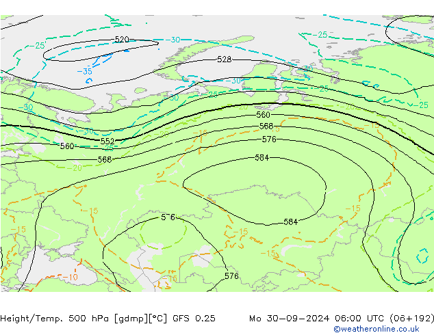 Z500/Rain (+SLP)/Z850 GFS 0.25 Mo 30.09.2024 06 UTC