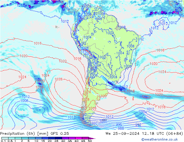 Totale neerslag (6h) GFS 0.25 wo 25.09.2024 18 UTC