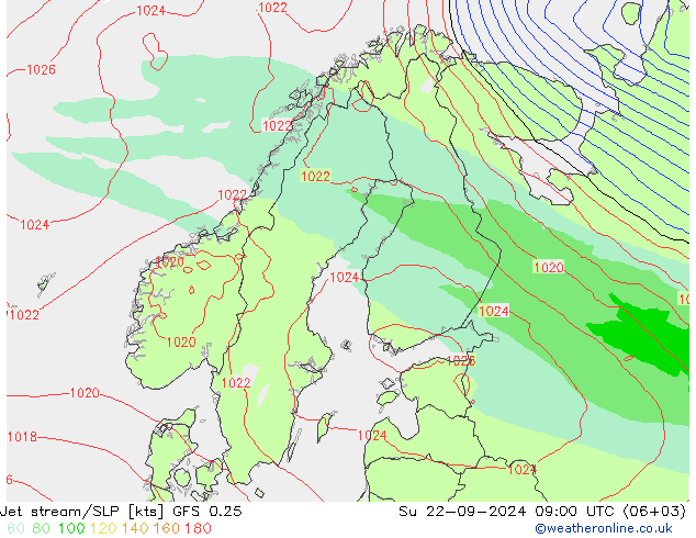 Jet stream/SLP GFS 0.25 Su 22.09.2024 09 UTC