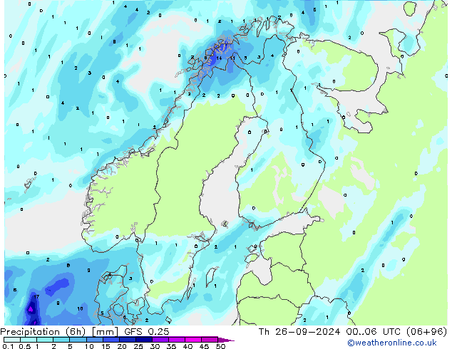 Z500/Rain (+SLP)/Z850 GFS 0.25 Čt 26.09.2024 06 UTC