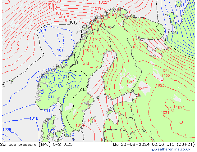 Bodendruck GFS 0.25 Mo 23.09.2024 03 UTC