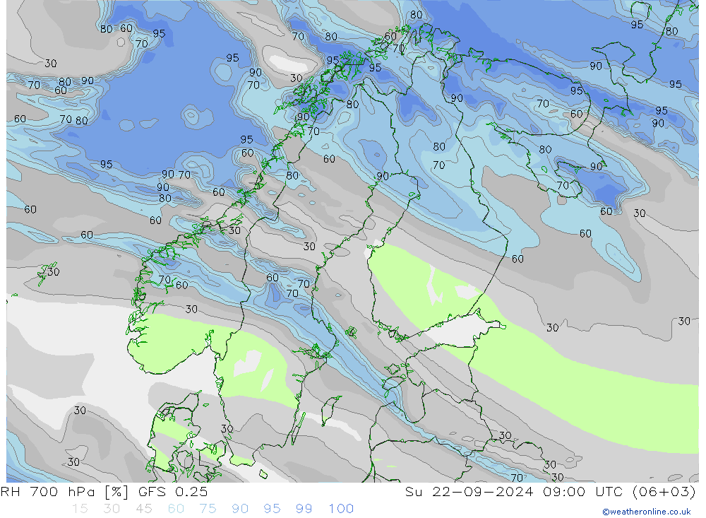 RH 700 hPa GFS 0.25 星期日 22.09.2024 09 UTC