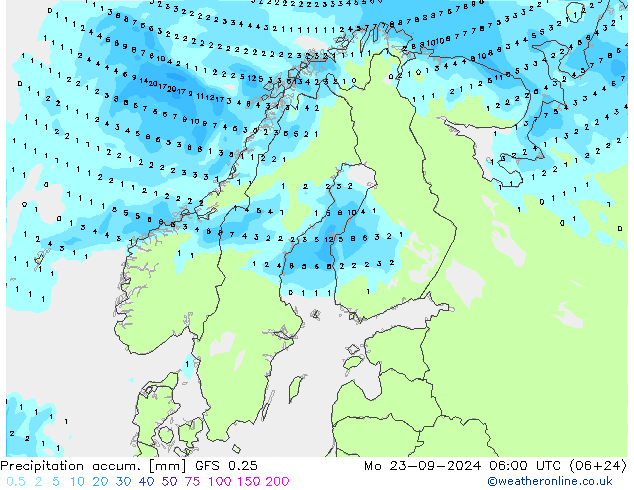 Precipitation accum. GFS 0.25 Mo 23.09.2024 06 UTC