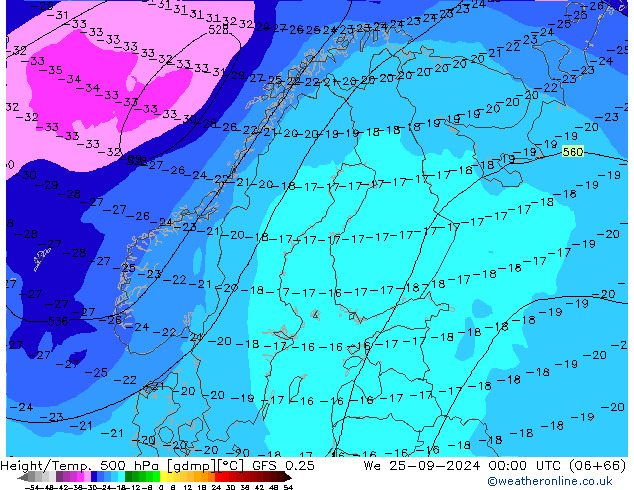 Z500/Rain (+SLP)/Z850 GFS 0.25 St 25.09.2024 00 UTC