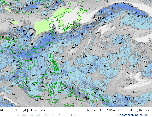 RH 700 hPa GFS 0.25 Mo 23.09.2024 15 UTC