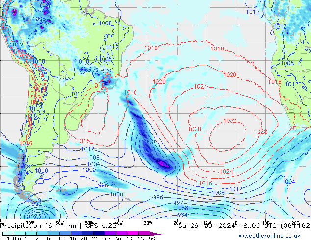 Precipitação (6h) GFS 0.25 Dom 29.09.2024 00 UTC