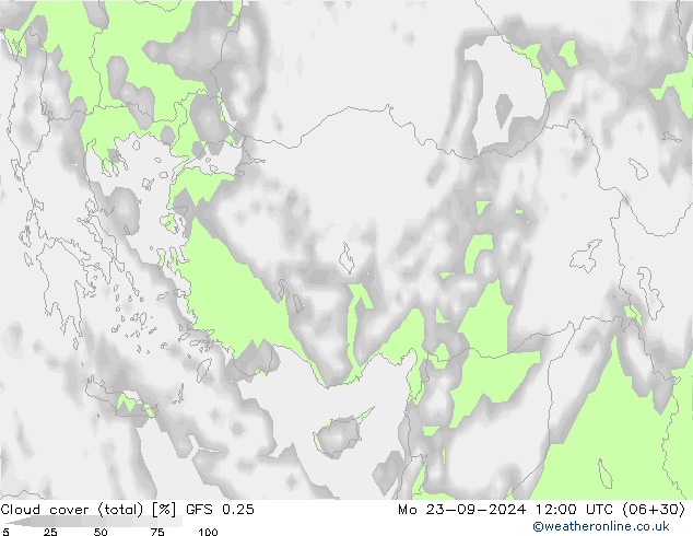 Cloud cover (total) GFS 0.25 Mo 23.09.2024 12 UTC