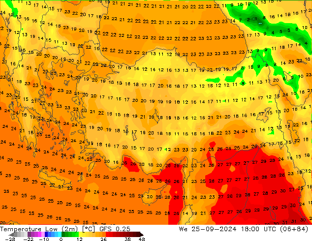 Temperature Low (2m) GFS 0.25 We 25.09.2024 18 UTC