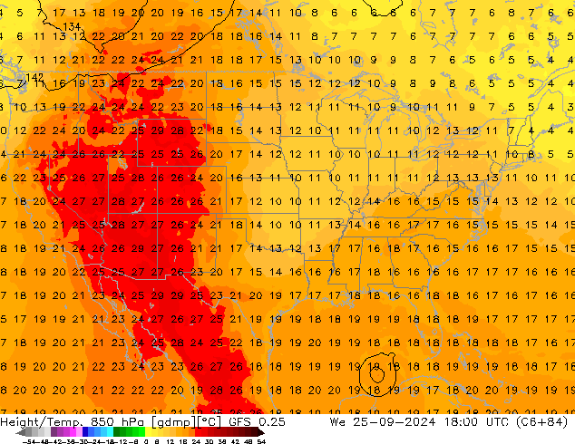 Z500/Rain (+SLP)/Z850 GFS 0.25 Qua 25.09.2024 18 UTC