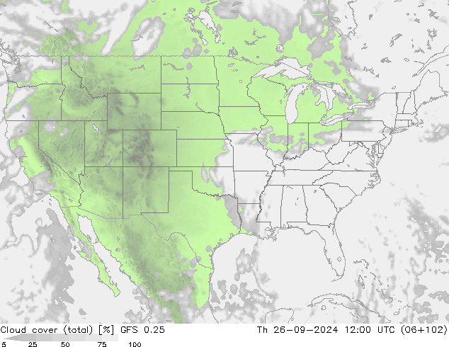 Cloud cover (total) GFS 0.25 Čt 26.09.2024 12 UTC