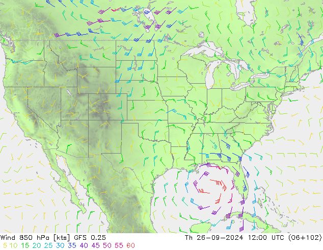 Wind 850 hPa GFS 0.25 Čt 26.09.2024 12 UTC