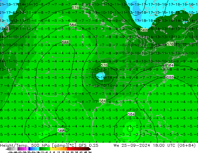 Z500/Rain (+SLP)/Z850 GFS 0.25 Qua 25.09.2024 18 UTC