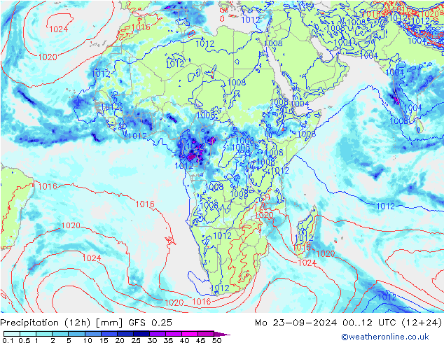 Precipitation (12h) GFS 0.25 Mo 23.09.2024 12 UTC