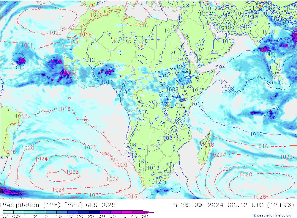 Precipitation (12h) GFS 0.25 Th 26.09.2024 12 UTC