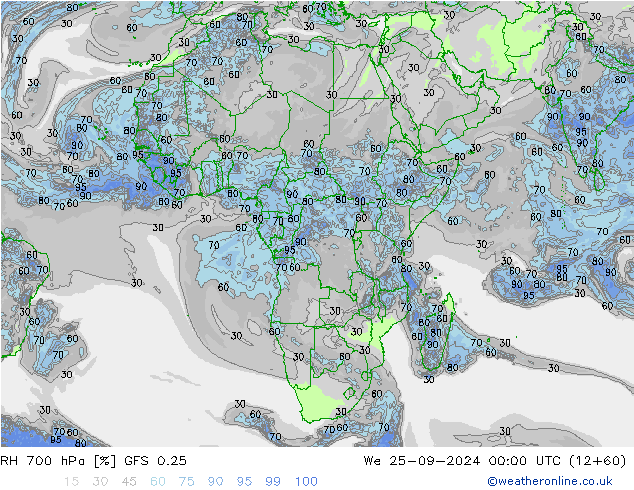 RH 700 hPa GFS 0.25 Mi 25.09.2024 00 UTC