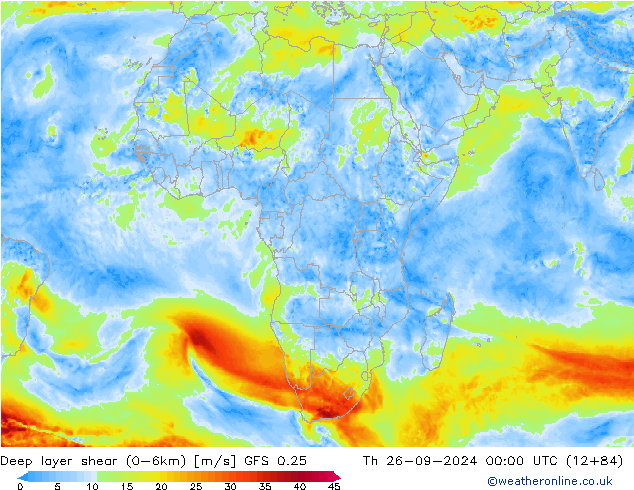 Deep layer shear (0-6km) GFS 0.25 чт 26.09.2024 00 UTC