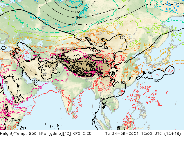 Height/Temp. 850 hPa GFS 0.25  24.09.2024 12 UTC