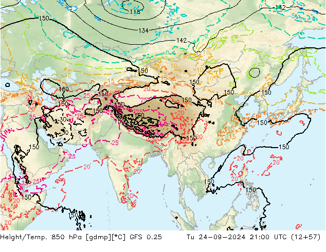 Height/Temp. 850 hPa GFS 0.25 wto. 24.09.2024 21 UTC