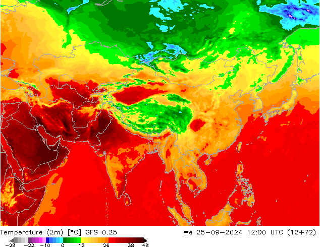 Temperatuurkaart (2m) GFS 0.25 wo 25.09.2024 12 UTC