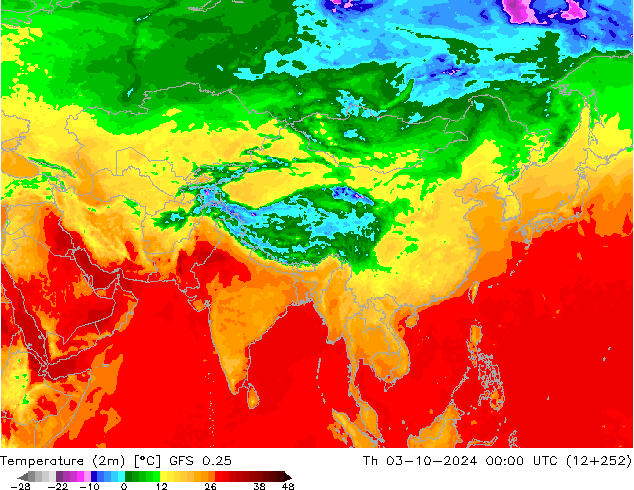 Temperatura (2m) GFS 0.25 gio 03.10.2024 00 UTC